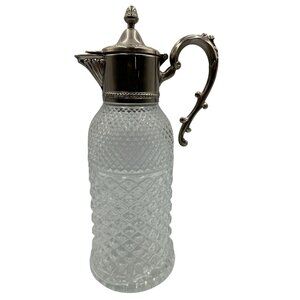 Vintage Silver-Plated Glass Carafe With Ornate Handle & Lid Diamond Pattern